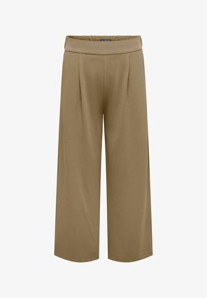 Pantalones de pierna ancha beige con una tela suave y texturizada, que presentan una cintura alta y un frente plisado para un ajuste relajado.