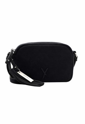 Borsa a tracolla nera in materiale testurizzato, con forma rettangolare, tracolla regolabile e un accento di nappina con etichetta logo.