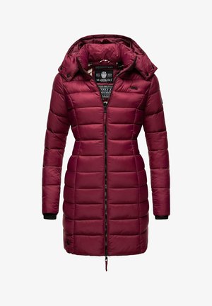 Burgundy puffer coat with a hood, featuring a quilted design, a front zipper, and ribbed cuffs. Made from a glossy material.