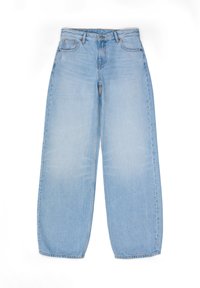 Light blue wide-leg jeans made of denim, featuring a high waist, five pockets, and subtle fading on the fabric.