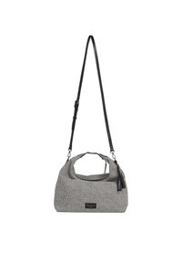 Borsa in tessuto nero e bianco testurizzato con una forma ampia e morbida, manico corto in cima e una lunga tracolla regolabile per indossarla a tracolla.