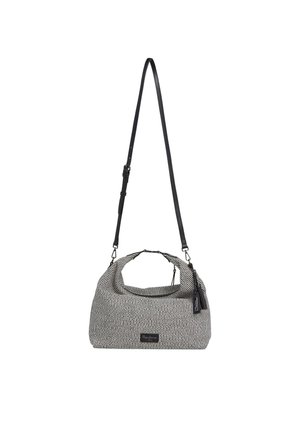 Gestructureerde zwart-witte stoffen handtas met een brede, zachte vorm, een korte handgreep aan de bovenkant en een lange verstelbare schouderriem voor crossbody draagstijl.