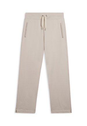 Pantaloni tuta beige con vita regolabile, due tasche laterali con zip e piccole aperture all'orlo. Tessuto morbido e vestibilità casual.