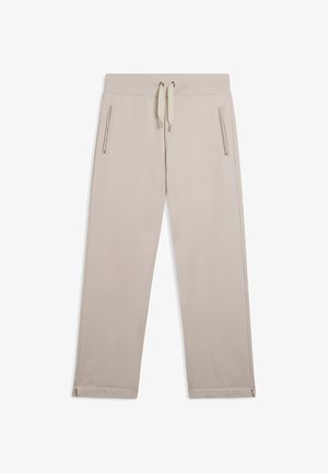Pantaloni tuta beige con vita regolabile, due tasche laterali con zip e piccole aperture all'orlo. Tessuto morbido e vestibilità casual.