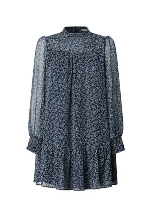 Robe florale marine avec un col montant, des manches longues en voile et un ourlet volangé. Présente un motif floral délicat en blanc et bleu clair.