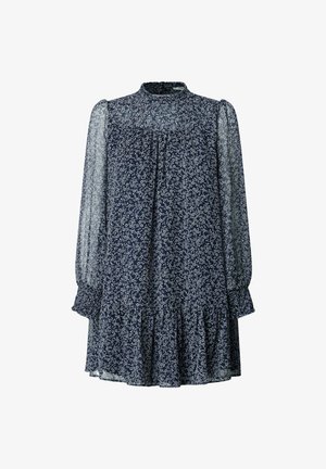 Vestido floral azul marino con cuello alto, mangas largas transparentes y un dobladillo con volantes. Presenta un delicado patrón floral en blanco y azul claro.