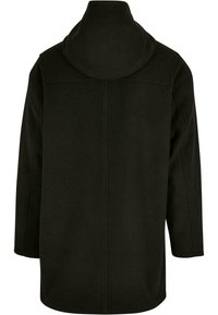 Manteau en laine noir avec un col montant, des manches longues et une coupe droite. Présente une texture lisse et un design simple, sans matériel visible.