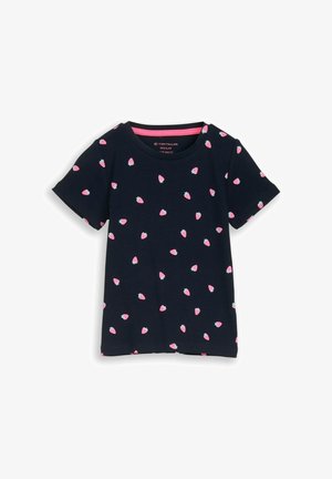 Marineblaues Kurzarm-T-Shirt für Kleinkinder mit durchgehendem pinkem Erdbeermuster und rundem Halsausschnitt mit pinkem Innenbesatz.