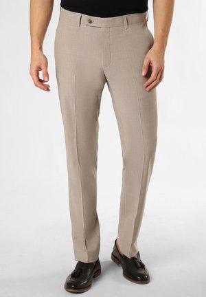 Beige tailored trousers with a smooth texture, featuring a single button closure, side pockets, and crease detailing for a sharp silhouette.