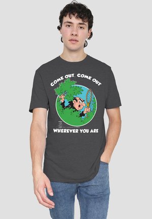 Gray cotton t-shirt featuring a cartoon graphic of a man in bushes, holding a racket, with the text: "Come out, come out wherever you are."