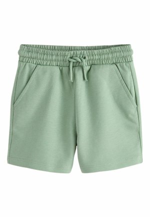 Hellgrüne Shorts mit elastischem Bund, Kordelzug und zwei seitlichen Taschen, aus weichem Stoff gefertigt.