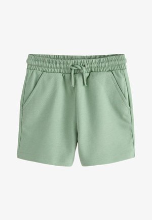 Shorts à taille élastique vert clair avec cordon de serrage et deux poches latérales, fabriqués en tissu doux.