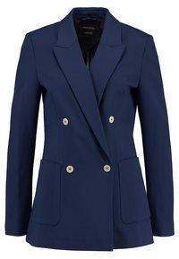 Námořnický modrý dvouřadý blazer z hladké tkaniny, s knoflíky ve zlatém tónu, klopami a dvěma předními kapsami.