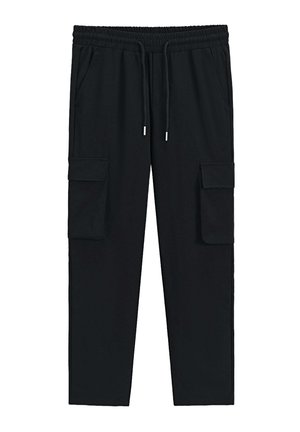 Pantalons cargo noirs avec un waistband élastique, cordon de serrage ajustable, deux poches latérales et deux grandes poches à patch sur les cuisses.