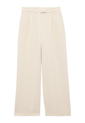 Wijde crèmekleurige broek met voorplooien, zijzakken, ceintuurlussen en een verborgen voor sluiting.