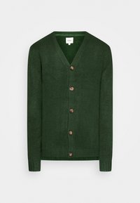 Groene cardigan met een V-hals, gemaakt van zacht materiaal. Heeft een knoopsluiting aan de voorkant met houten knopen en geribbelde manchetten en zoom.