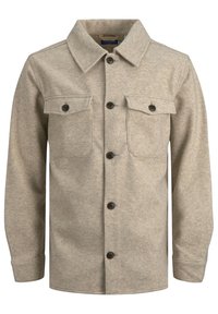 Beige wool button-up jacket with two chest pockets, buttoned flaps, long sleeves, and a classic collar.