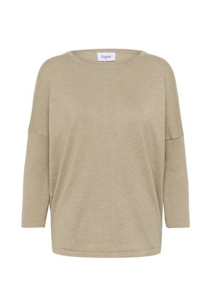 Maglione beige, dalla vestibilità ampia, con maniche a tre quarti, scollo rotondo e texture a costine. Etichetta con la scritta "Saint."