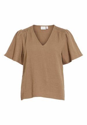 Blouse marron à manches courtes avec col en V et détails froncés aux épaules, fabriquée en tissu léger texturé.