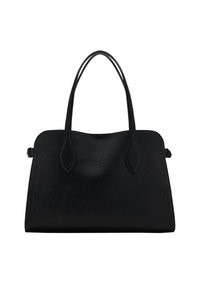 Black leather handbag with dual shoulder straps, rectangular shape, and minimalistic design on a white background.