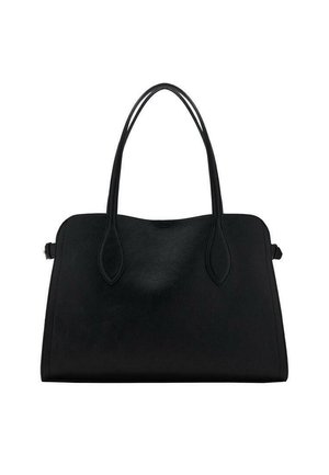Black leather handbag with dual shoulder straps, rectangular shape, and minimalistic design on a white background.