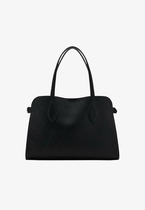 Black leather handbag with dual shoulder straps, rectangular shape, and minimalistic design on a white background.