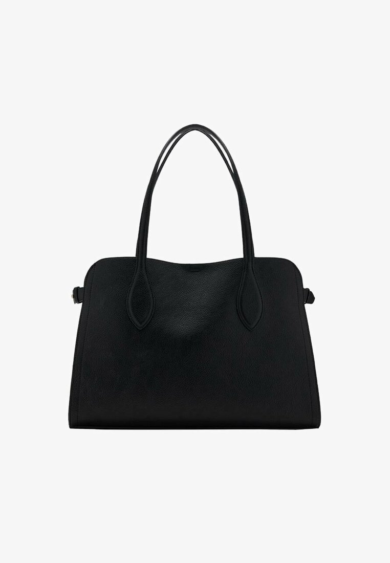 Czarna skórzana torba na ramię z podwójnymi paskami, prostokątny kształt i minimalistyczny design na białym tle.