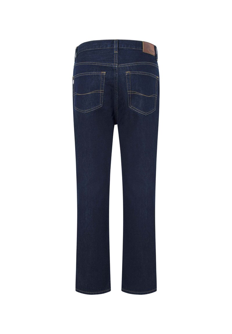 Dunkelblaue Jeans mit geradem Schnitt, ausgestattet mit zwei Gesäßtaschen und kontrastierendem orangefarbenem Nähen. Lederpatch am Bund.