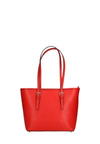 Rode neplederen tote bag met twee handvatten, rechthoekige vorm, gladde textuur en gouden accenten. Ritssluiting aan de bovenkant.