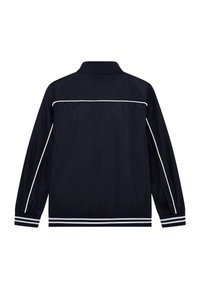 Dunkelblaue leichte Jacke mit hohem Kragen, weißen Paspelierungen und gestreiften Bündchen. Glatte Textur mit langen Ärmeln und lässiger Passform.