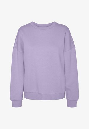 Ljubičasta majica dugih rukava s okruglim izrezom, rebrastim manšetama i rubom, s opuštenim krojem i spuštenim šavovima na ramenima.