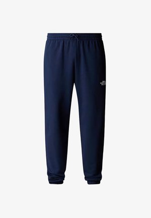 Granatowe casualowe spodnie dresowe z elastycznym pasem i ściągaczami, z małym białym logo The North Face na górnej lewej części uda.