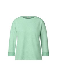 Ljus mintgrön tröja med rund halsringning, trekvartslånga ärmar och uppvikta ärmslut. Mjuk textur, enkelt mönster, inga mönster eller utsmyckningar.