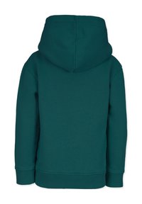 Turkos hoodie med stor huva, ribbade muddar och fåll. Tillverkad av mjukt tyg, med enkel design utan synliga logotyper eller mönster.