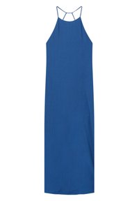 Robe maxi bleue sans manches avec fines bretelles et un col montant, coupe droite, étalée à plat sur un fond blanc.