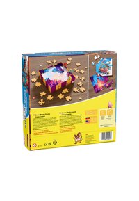 Bunte Puzzleschachtel mit einem lila und gelben Design, um die herum verstreute Puzzlestücke. Enthält Spielanleitungen und Symbole.