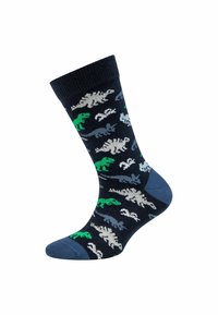 Marineblauer Socken mit grünen, weißen und grauen Dinosaurier-Motiven, einschließlich T-Rex, Triceratops und Stegosaurus, die durchgehend verziert sind.