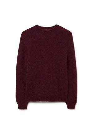 Maglione da uomo a maniche lunghe con scollo a girocollo in bordeaux scuro, realizzato in tessuto a maglia morbido e strutturato con polsini e orlo a coste.
