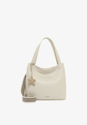 Cream-colored leather handbag with single handle, striped detachable shoulder strap, and star-shaped charm hanging from handle.