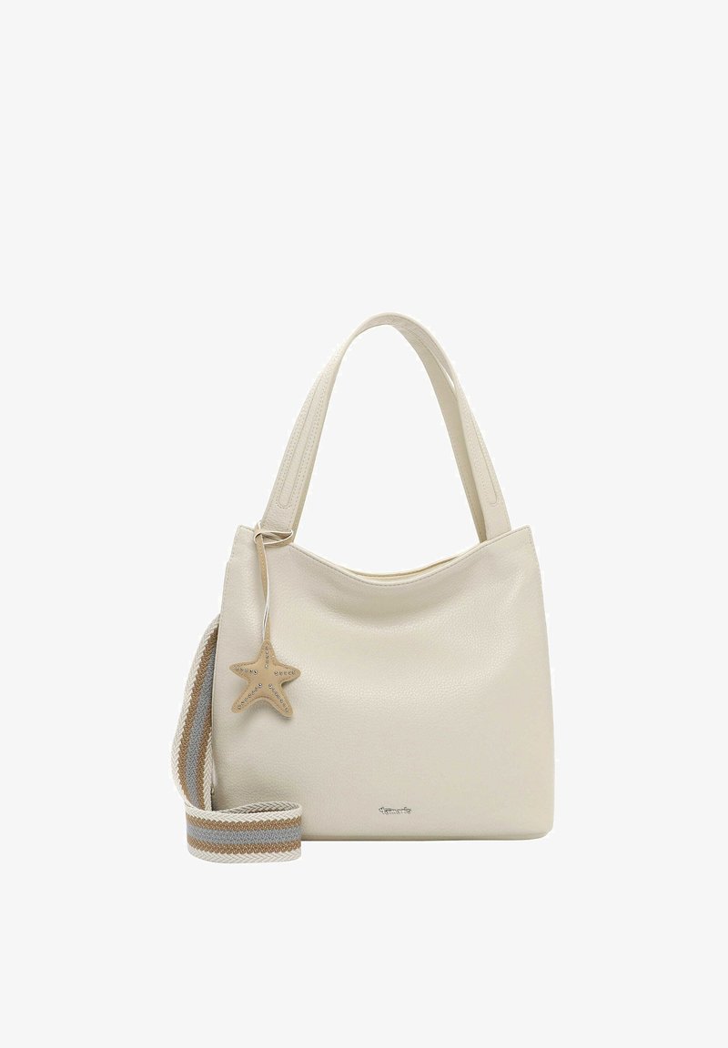 Sac à main en cuir couleur crème avec une anse unique, une bandoulière amovible rayée et un pendentif en forme d'étoile suspendu à l'anse.