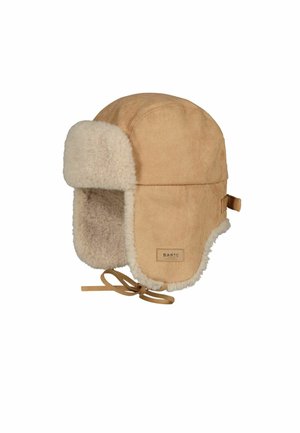 Brauner Faux-Suede-Trapperhut mit weichem beigem Futter, Ohrenklappen und verstellbarem Kinnriemen. Mit einem kleinen Markenetikett an der Seite.