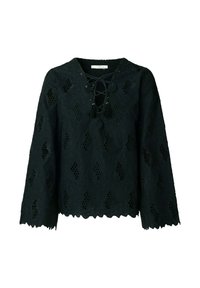 Črna dolga čipkasta bluza z rožnatimi izrezki, nazobčanimi robovi in sprednjim V-izrezom z zavezovanjem s cofki.