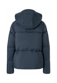 Dunkelblauer Pufferjacke mit Kapuze, gepolstertem Design und gerippten Bündchen. Glatte Textur mit horizontalen Steppnähten.