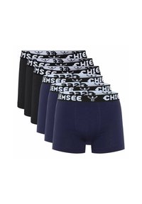 Cinque paia di boxer da uomo in navy, nero e grigio. Ognuno presenta un elastico con logo e colori a contrasto e una texture in cotone morbido.