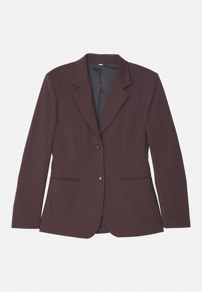 Bordo sako s reverom, s dva prednja džepa i zatvaranjem na jedan dugme. Glatka tkanina s krojenim, strukturalnim dizajnom.