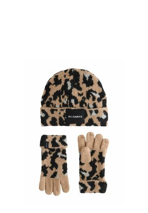 Knit beanie and gloves set in leopard print, featuring tan, black, and grey colors. Each piece has a cuff and a label with "ALLSAINTS."