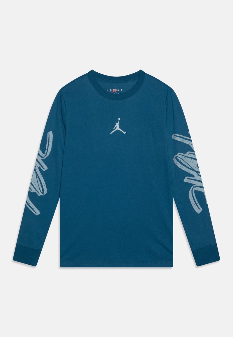 Teal long-sleeve shirt made of cotton, featuring a central white Jordan logo and abstract white patterns on both sleeves. Round neck design.