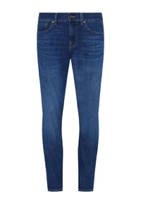 Wąskie ciemnoniebieskie jeansy wykonane z denimu, z pięcioma kieszeniami, zamek błyskawiczny oraz lekkie przetarcia na udach dla uzyskania faktury.