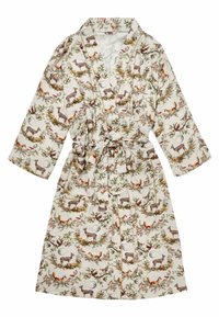 Robe in tessuto crema con motivo floreale, che presenta animali come cervi e volpi. Include maniche lunghe, una cintura da annodare e due tasche.