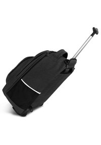 Rucksack auf Rollen aus dunkelgrauem Stoff, mit mehreren Reißverschlussfächern, einem ausziehbaren Griff und einem kleinen weißen Akzentstreifen.